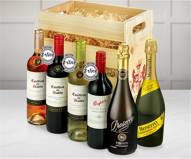 Premium Wine Selection Wooden Crate With Sparkling Prosecco